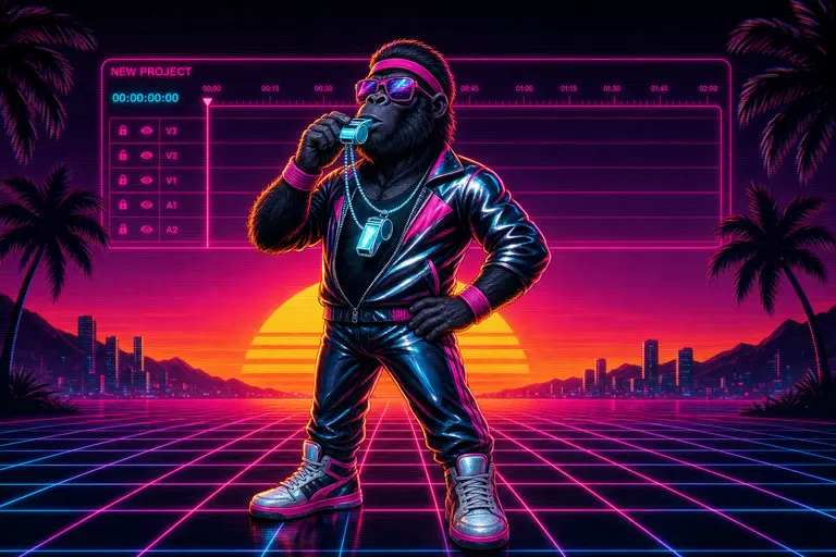 Gnarles raising his chrome whistle to his lips at sunrise on a neon grid floor, a fresh timeline glowing in the distance