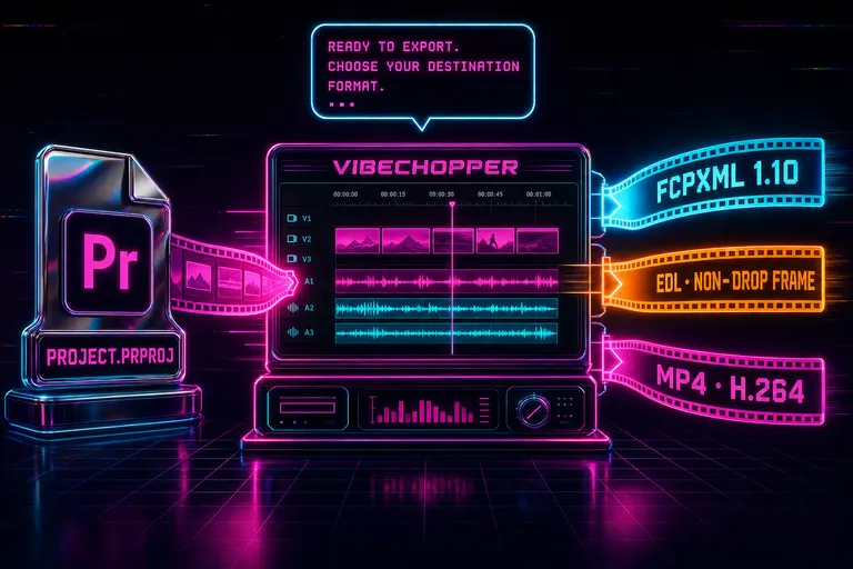 A migration flow illustration showing a Premiere project file unspooling into a VibeChopper timeline and out the other side as FCPXML, EDL, and MP4 ribbons