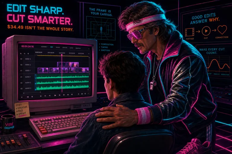 Gnarles in his neon warmup jacket spotting a younger editor at a vintage Premiere Pro workstation, chrome whistle around his neck