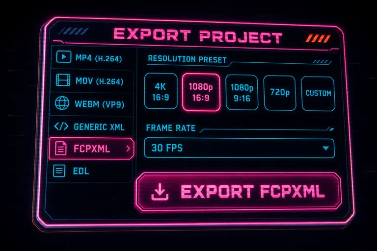 Mock screenshot of the VibeChopper export dialog with FCPXML selected, showing the format list, resolution presets, and a download button