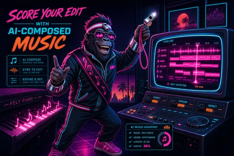 Gnarles Chopper in synthwave-conductor garb conducting a glowing CRT timeline with a chrome whistle baton