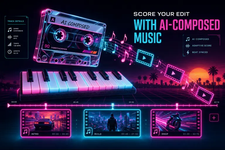 A glowing chrome cassette spinning above a felt-piano keyboard while musical notes turn into clip thumbnails on a magenta timeline