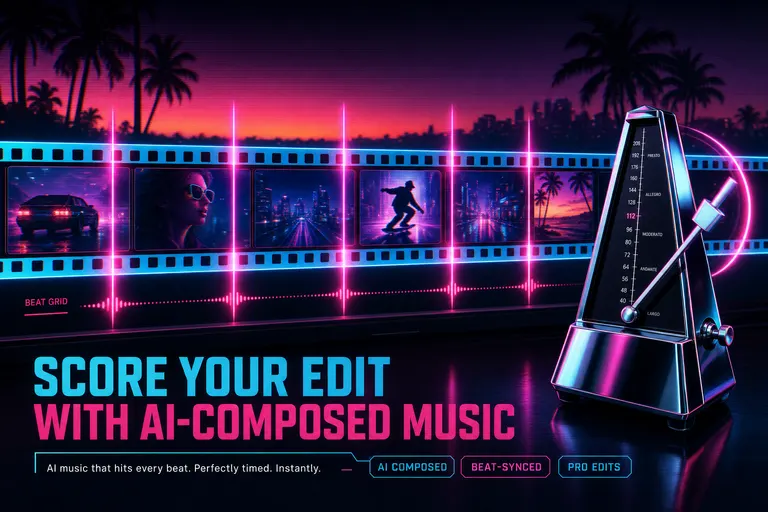Neon beat-markers laid across a glowing filmstrip, each marker hitting a frame on the strip