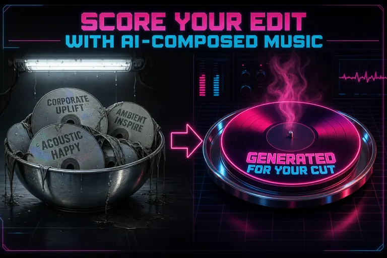 A bowl of soggy stock-music CDs labeled with bored corporate genre tags, sitting next to a glowing fresh score with a steam waft
