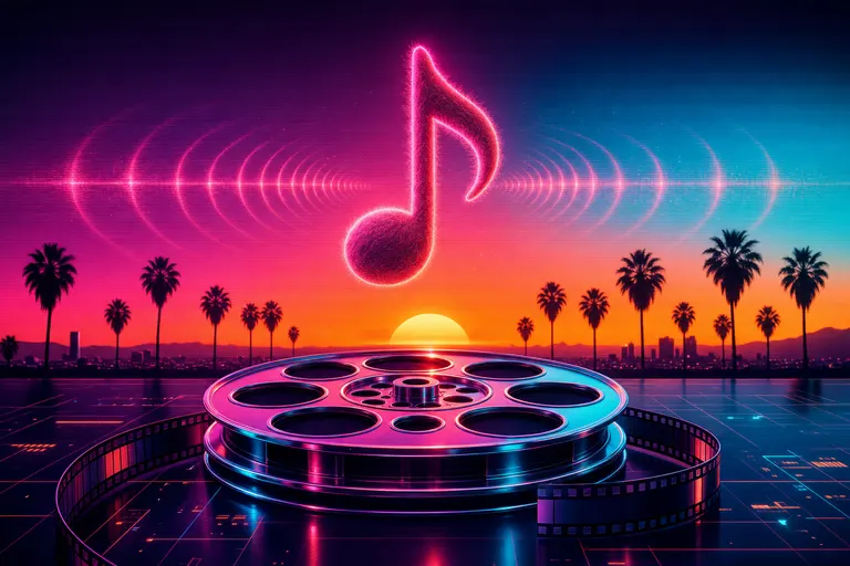A felt-piano note suspended above a sunrise horizon as a film reel completes its final rotation