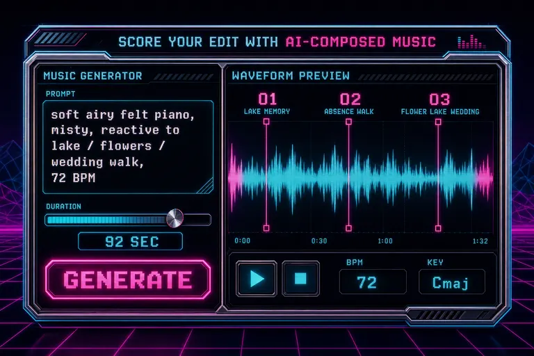 Stylized synthwave mock of the music generation panel inside the VibeChopper editor