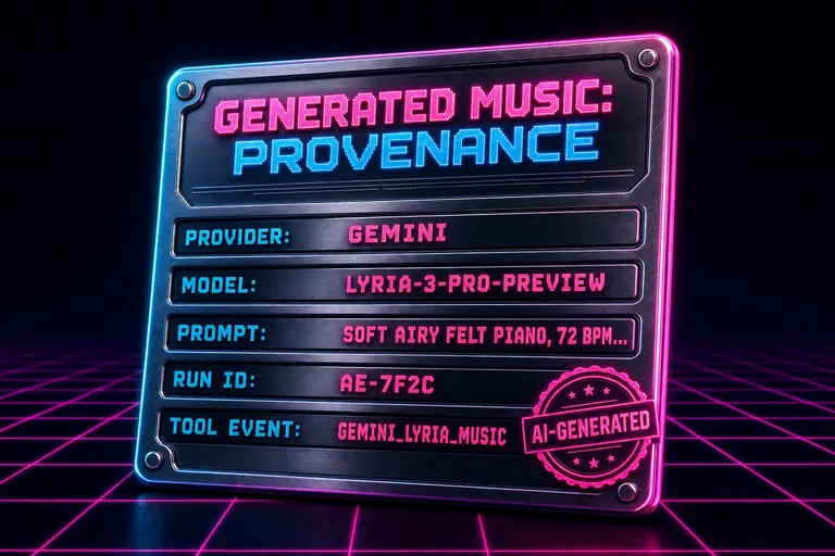 Stylized synthwave mock of a provenance card listing model, prompt, run ID, and tool-event ID for a generated music bed