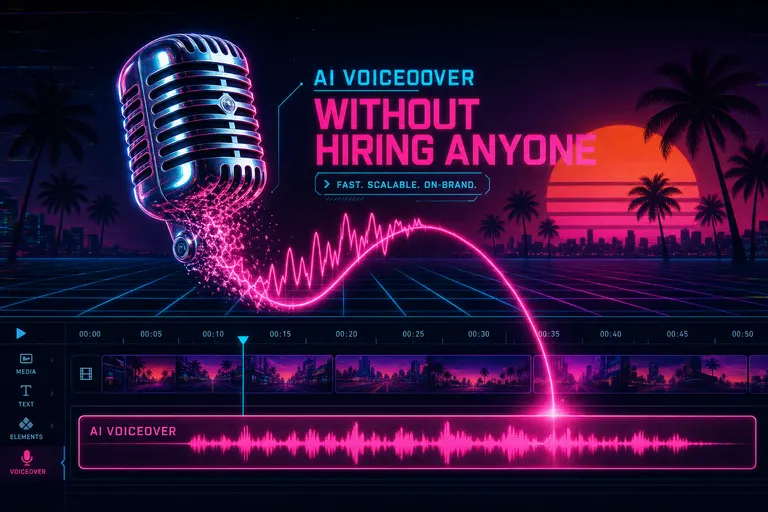 A chrome retrofuture microphone dissolving into a neon waveform that lands on a glowing magenta audio track on a synthwave timeline