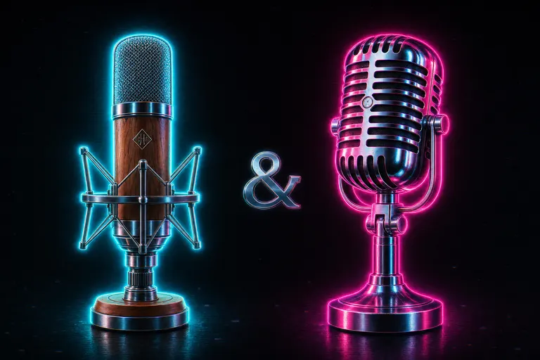 Two microphones side by side — a warm vintage condenser glowing cyan, and a chrome retrofuture mic glowing magenta — neither winning, both glowing