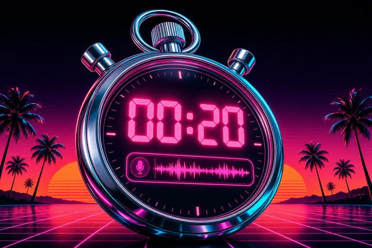 A neon chrome stopwatch reading 20 seconds with a glowing magenta voiceover clip nested inside its dial