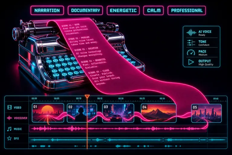 A glowing chrome typewriter spitting out a magenta script ribbon that flows into a stylized video timeline