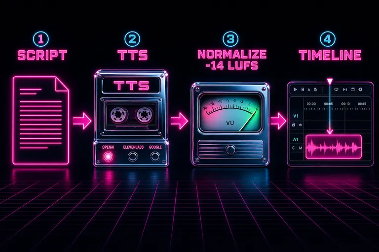 Diagram — script flows into a TTS engine, through a normalizer, and out onto a timeline