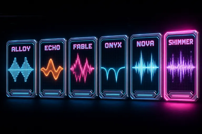 Six glowing neon voice cards in a row — Alloy, Echo, Fable, Onyx, Nova, Shimmer — each with its own waveform signature