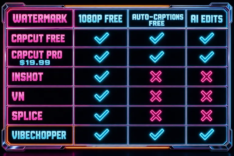 A neon decision matrix comparing CapCut Free, CapCut Pro $19.99, InShot, VN, Splice, and VibeChopper across watermark, 1080p, auto-captions, AI editing