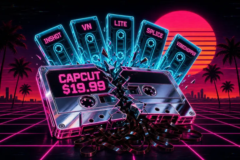 A chrome cassette labeled CAPCUT $19.99 cracking apart, five neon replacement cassettes emerging from the break against a magenta sunset