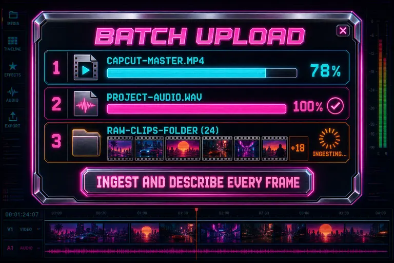 A stylized VibeChopper batch-upload dialog mid-process showing a CapCut master export, an audio sidecar, and a folder of raw clips being ingested