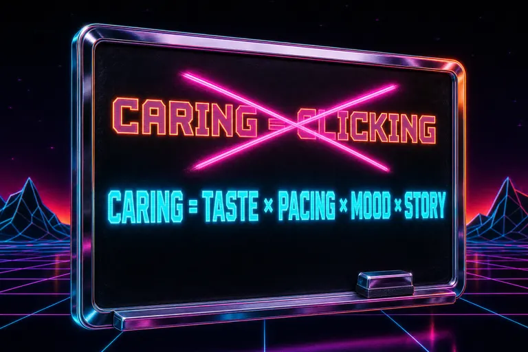 A diagram showing the equation 'CARING = CLICKING' crossed out by a magenta neon X, with 'CARING = TASTE × PACING × MOOD × STORY' written below