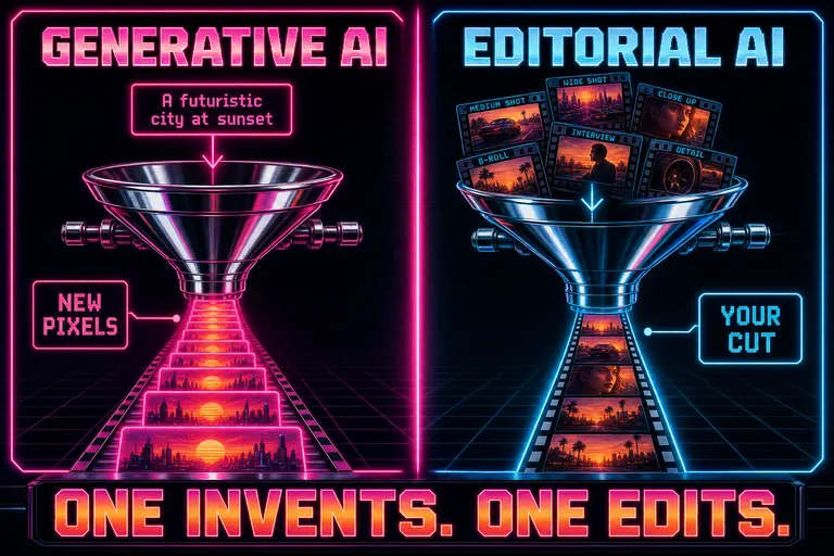 A diagram contrasting GENERATIVE AI (pixels made from prompts) and EDITORIAL AI (cuts made from your footage)