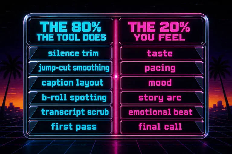 A diagram of two columns labeled 'THE 80% THE TOOL DOES' and 'THE 20% YOU FEEL', with sample items under each column