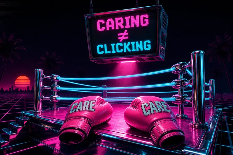 A chrome boxing ring with two neon pink gloves embroidered with the word CARE on the canvas under a magenta spotlight