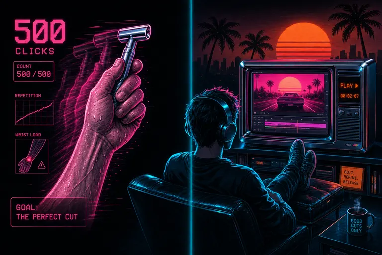 A split illustration: on the left, a wrist clicking a razor tool 500 times in a blurred motion; on the right, the same creator with their feet up watching the cut on a CRT