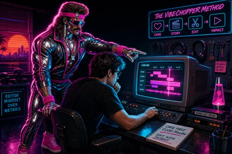 Gnarles Chopper standing behind a creator at a synthwave editing bench, one hand on the bench, the other gesturing at the glowing timeline like a gym spotter