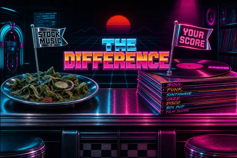 A chrome plate of wilted royalty-free salad next to a neon stack of well-chosen vinyl records, captioned 'THE DIFFERENCE'