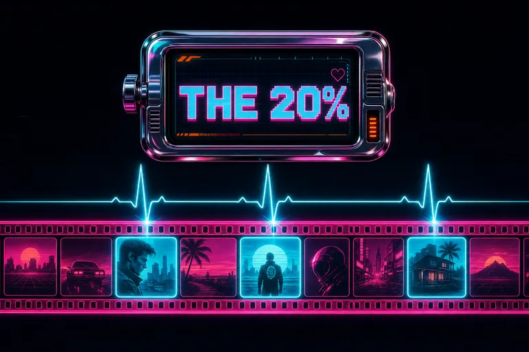 A heart-rate monitor overlaid on a glowing filmstrip, the heartbeat spiking at three specific frames that are glowing brighter than the rest