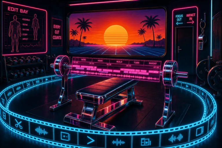 A synthwave gym at sunrise: a chrome editing bench in the foreground, a glowing timeline ringing the room like a running track, the sun cresting the grid horizon