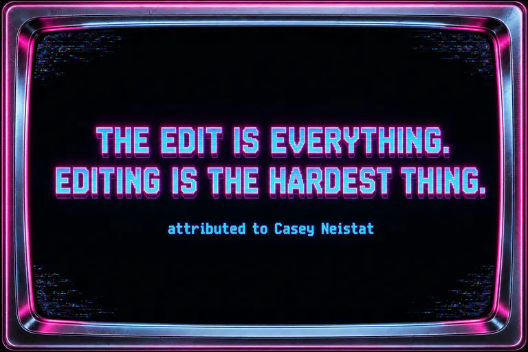 A VHS title card rendering Casey Neistat's quote 'The edit is everything. Editing is the hardest thing.' in chunky 80s-arcade typeface