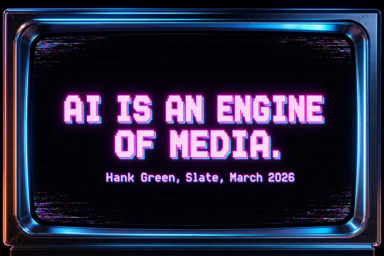 A VHS title card rendering Hank Green's quote about AI as an engine of media in chunky 80s-arcade typeface