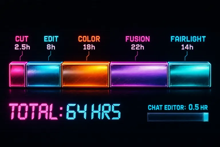 A horizontal stacked bar diagram visualizing the hidden hour cost of learning Resolve across five pages — Cut, Edit, Color, Fusion, Fairlight