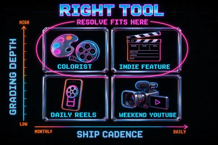 A two-by-two matrix labeled 'RIGHT TOOL' with chrome panels for colorist, indie feature, daily Reels creator, and weekend YouTuber