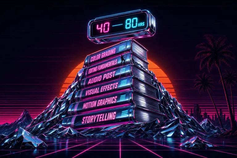 A chrome mountain shaped like a stack of training books with a neon timer counting hours at its peak, magenta scanlines across a deep VHS-black sky