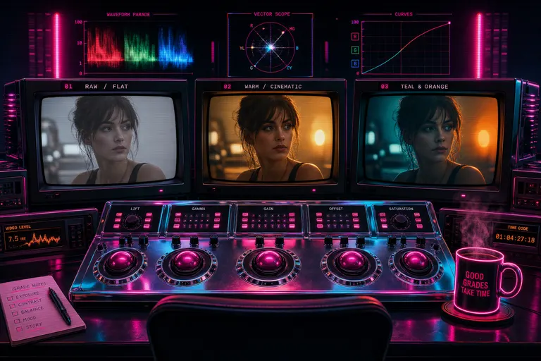 A colorist's suite with a chrome control surface, three CRTs showing a single frame in different grades, and a coffee cup glowing neon