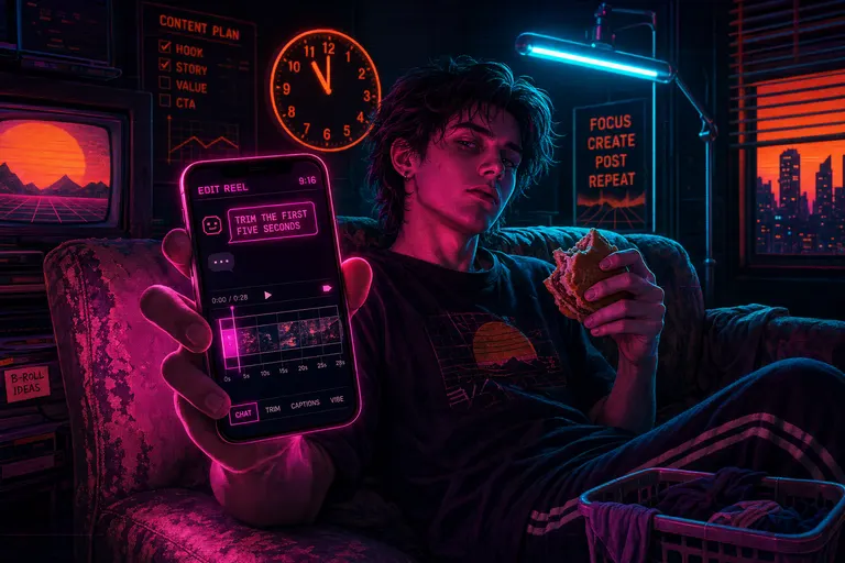 A creator on a couch at 11pm with a phone in one hand and a half-eaten sandwich in the other, the phone screen glowing with a chat editor
