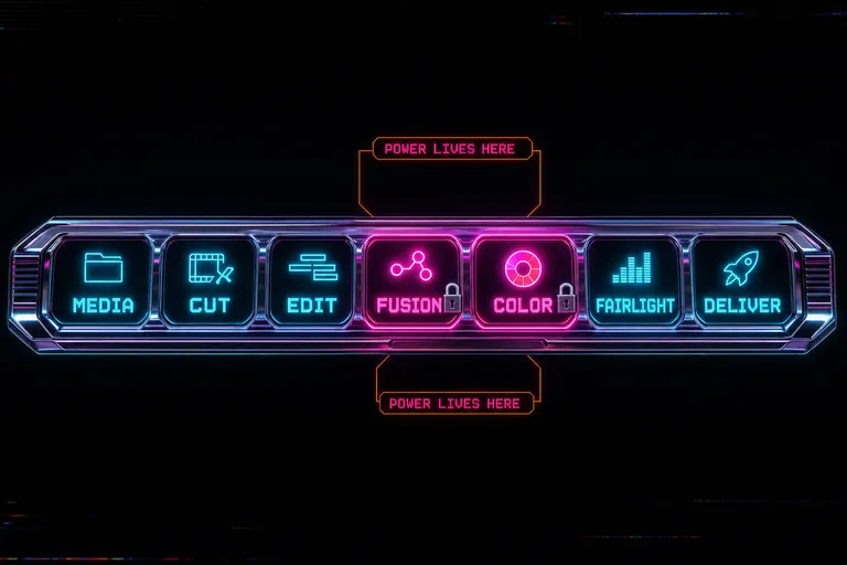 A stylized mock of DaVinci Resolve's bottom page tabs — Media, Cut, Edit, Fusion, Color, Fairlight, Deliver — glowing in chrome with each tab labeled