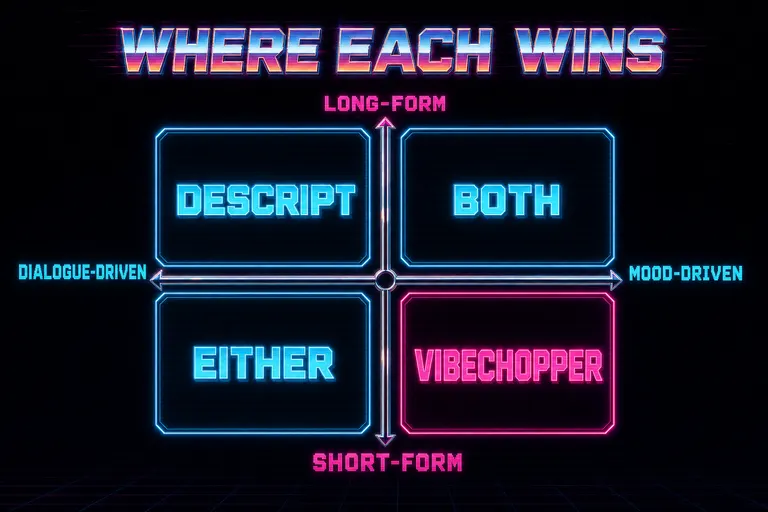A four-quadrant diagram labeled WHERE EACH WINS with DESCRIPT and VIBECHOPPER occupying different quadrants based on dialogue-driven versus mood-driven and short versus long