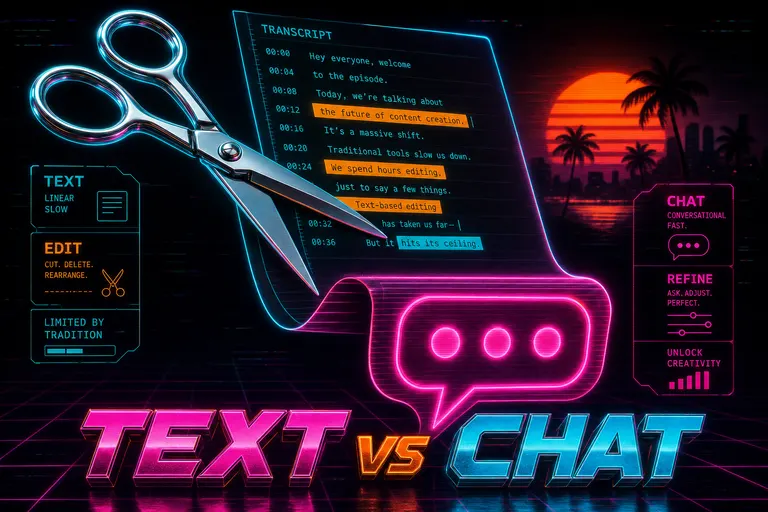 A chrome pair of editing scissors hovering over a glowing transcript document, the document folding into a magenta chat bubble at the bottom of the frame