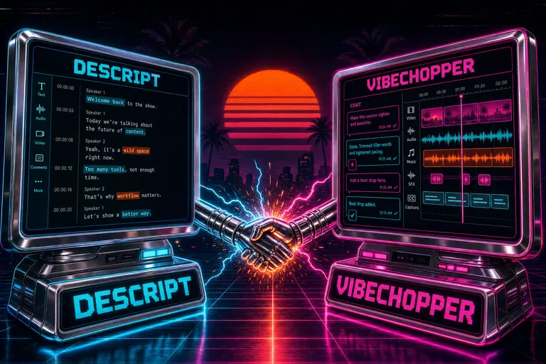 A chrome split-screen with a transcript editor on the left and a chat-driven timeline on the right, joined by a glowing handshake of cables