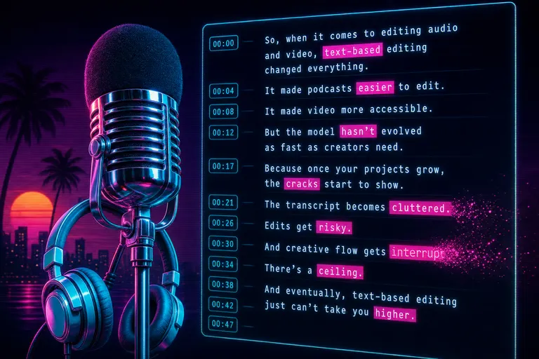 A retro chrome podcast microphone in front of a glowing transcript with words being highlighted and deleted like text in a document
