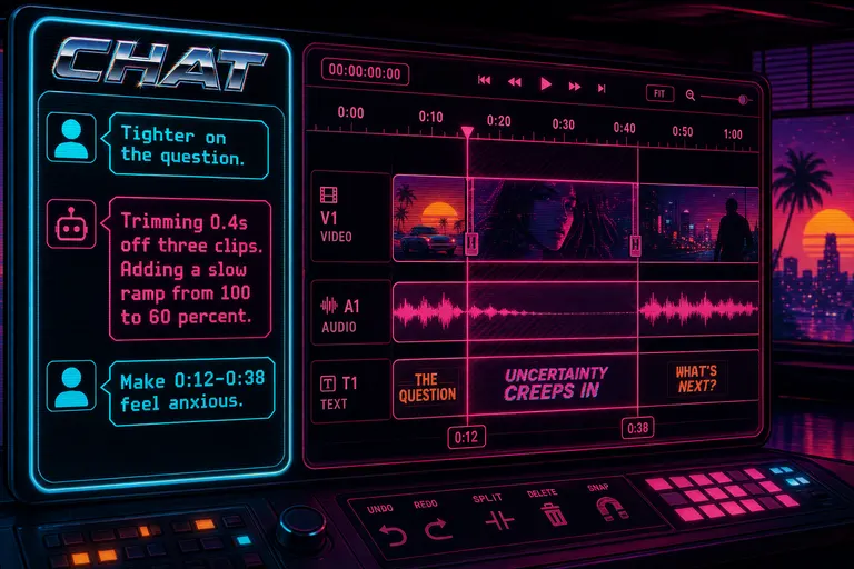 A stylized mock of the VibeChopper chat panel beside a timeline, with the chat showing a typed prompt about making a section feel anxious