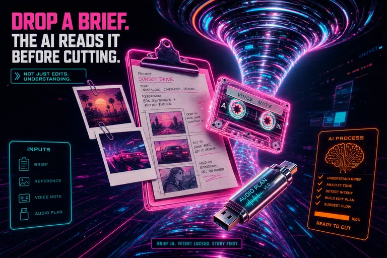 A neon-pink clipboard with paperclipped Polaroids and a glowing cassette voice-note levitating into a swirling chrome data vortex