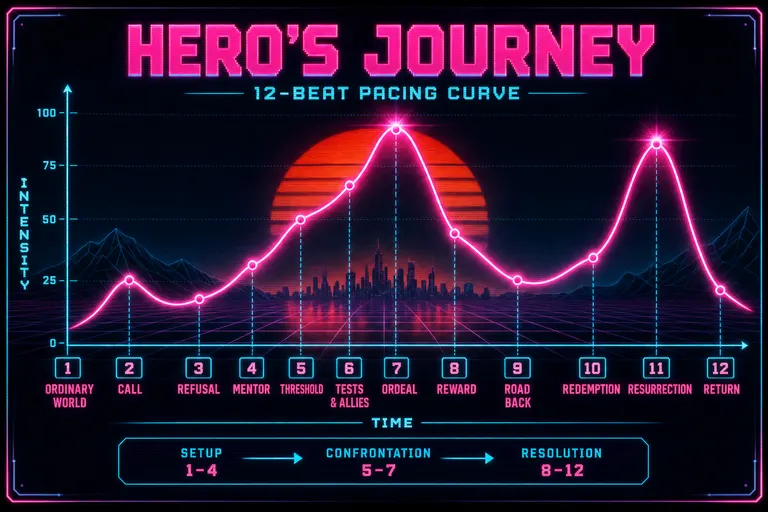 Diagram of the 12-beat Hero's Journey pacing curve with peaks for Call, Threshold, Ordeal, Resurrection, Return.