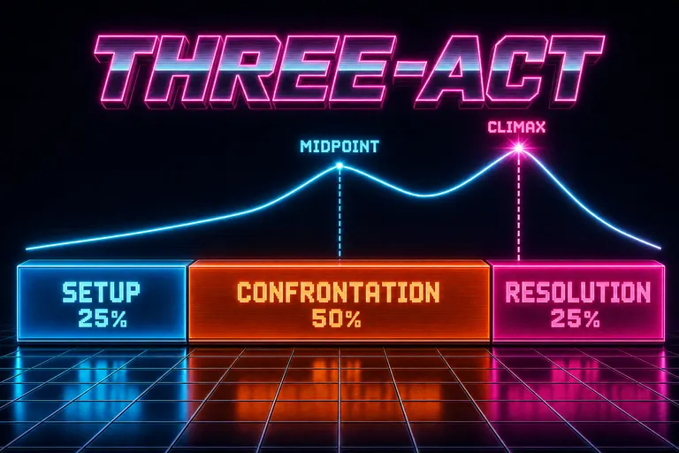 Three-act pacing diagram with Setup / Confrontation / Resolution bars in 25/50/25 proportion.