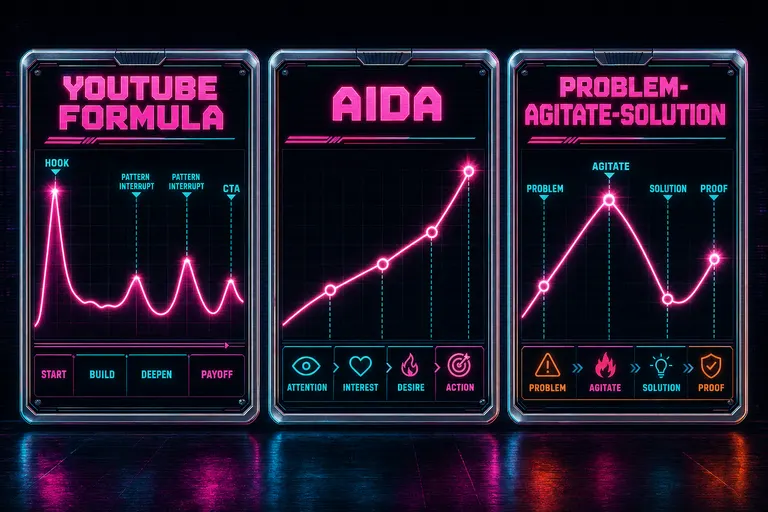 Three small framework cards side by side: YouTube Formula, AIDA, Problem-Agitate-Solution, each with a tiny pacing curve.