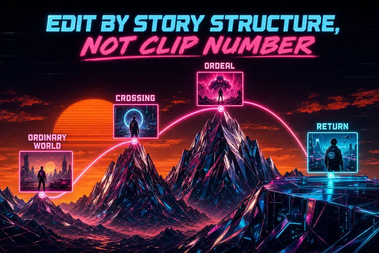 A neon-pink arc plotting a hero's journey across a chrome mountain range, each peak a glowing storyboard thumbnail, sunset palette behind.