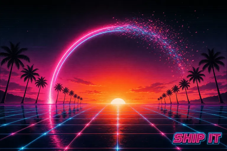 A completed narrative arc dissolving into a sunset over a chrome grid floor, palm trees in silhouette.