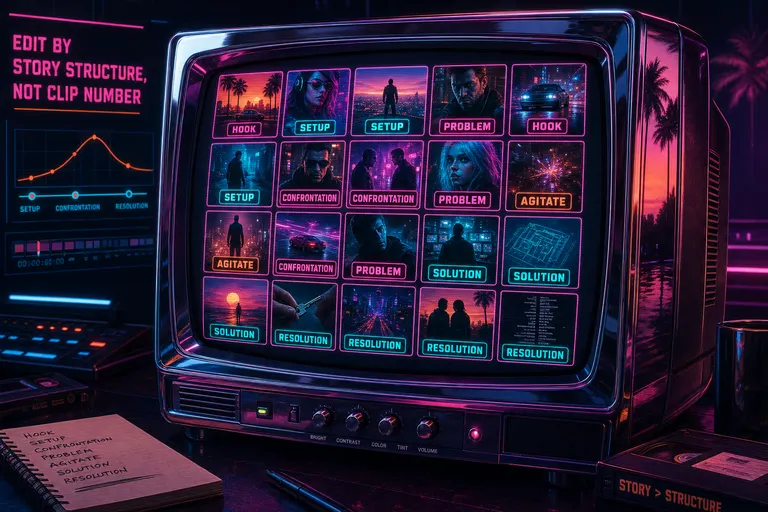 A retro CRT showing a grid of glowing storyboard tiles, each labeled with a narrative role badge.