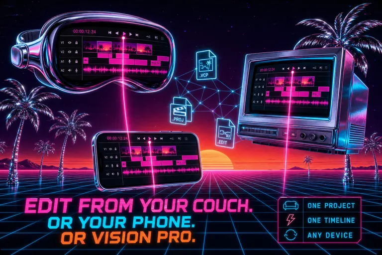 A chrome Vision Pro headset, an iPhone, and a CRT monitor floating above a synthwave grid, all three showing the same magenta timeline in mid-air, palm trees in chrome silhouette against a sunset